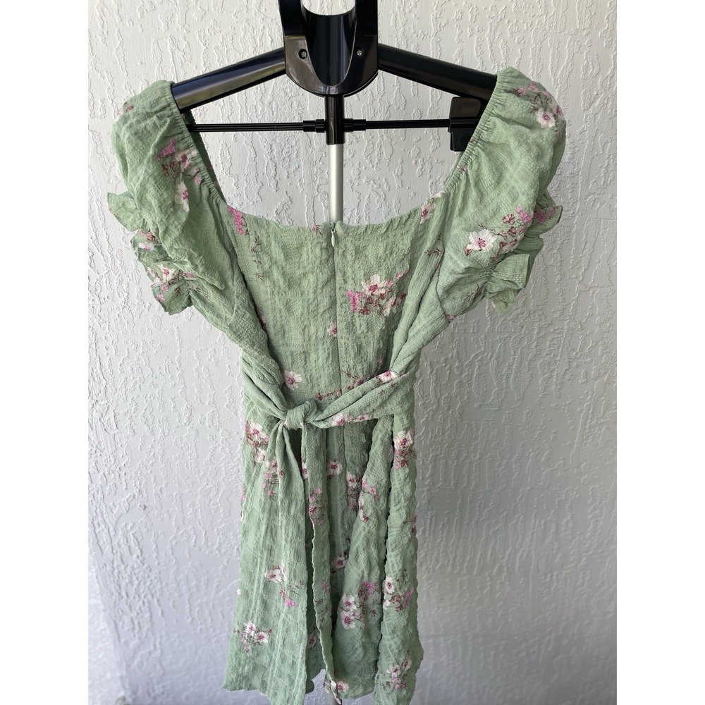 Altar'd‎ State Sage Green Floral Seersucker Ruffle Mini Dress Large Tie Back L - Picture 6 of 9